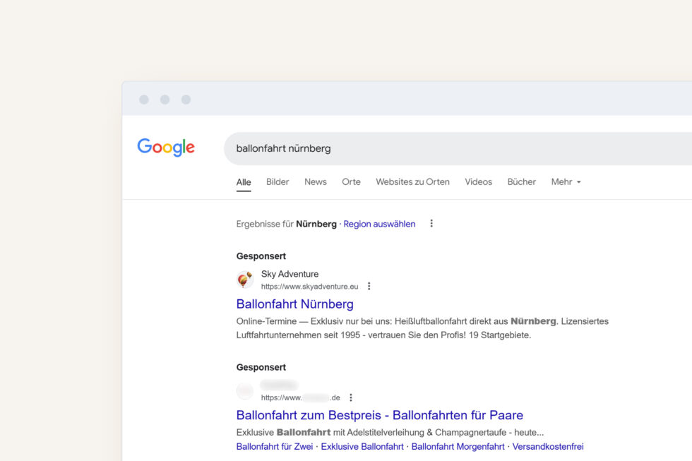 Screenshot der Google-Suchergebnisseite für den Suchbegriff "Balonfahrt Nürnberg" zeigt eine bezahlte Anzeige von Sky Adventure an erster Stelle