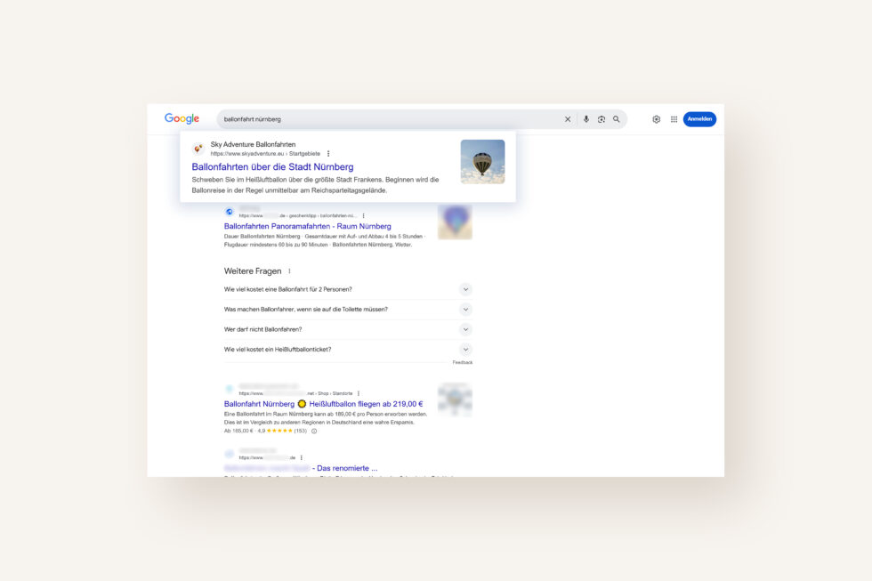 Screenshot der Google-Suchergebnisseite für den Suchbegriff "Balonfahrt Nürnberg" zeigt die Website von Sky Adventure in den unbezahlten Suchergebnissen an erster Stelle
