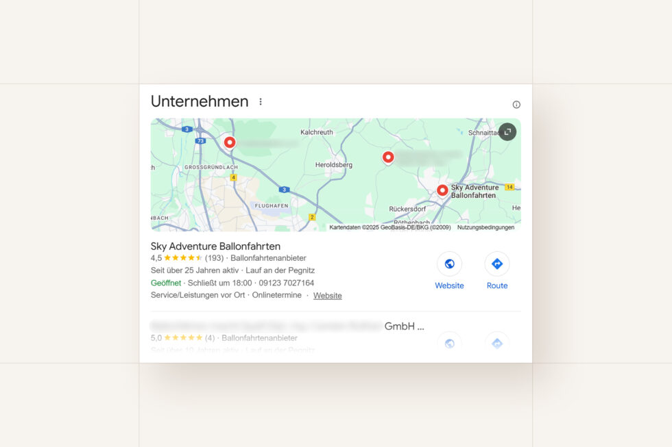 Screenshot des Google-Kartenausschnitts mit lokalen Unternehmen zum Suchbegriff "Ballonfahrt Nürnberg" zeigt den Eintrag von Sky Adventure an erster Stelle