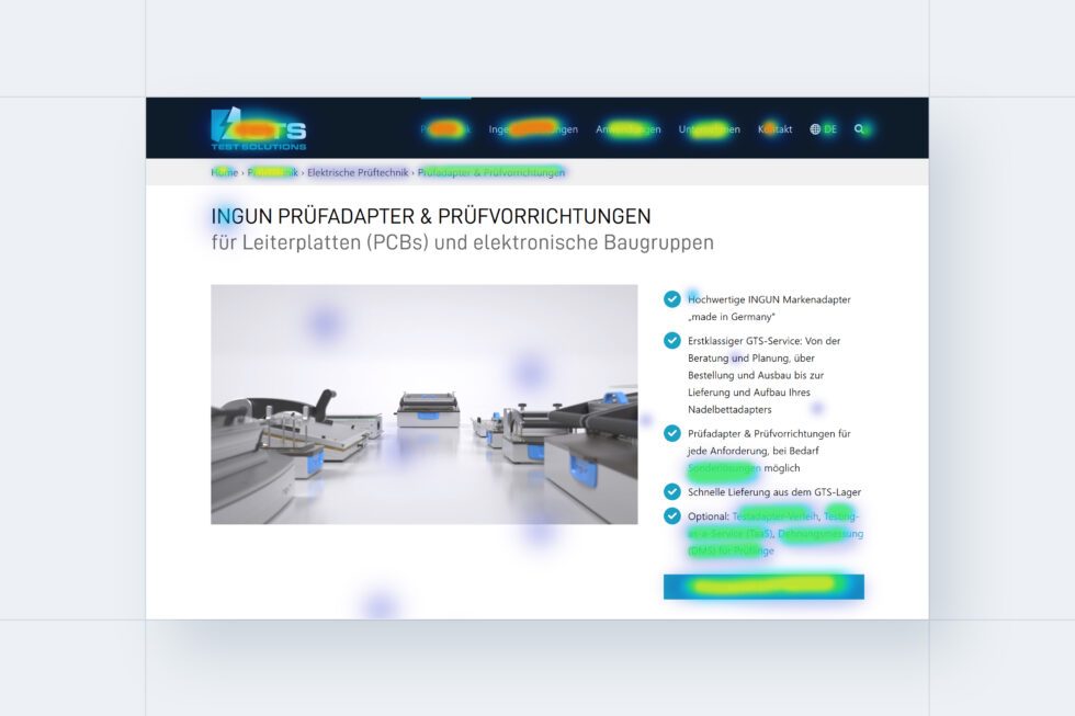 Screenshot zum Thema Microsoft-Clarity-Agentur zeigt eine generische Klick-Heatmap anhand unserer Referenz GTS Test Solutions
