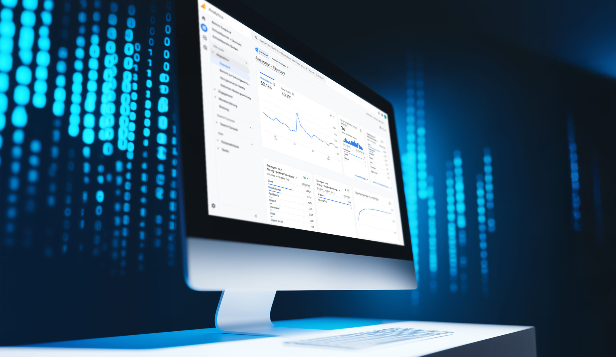 Mood-Bild zum Thema Tracking-Agentur und Web-Analytics-Agentur Berlin zeigt einen modernen Bildschirm mit einem Screenshot von Google Analytics vor einem Hintergrund mit Datenmatrizen