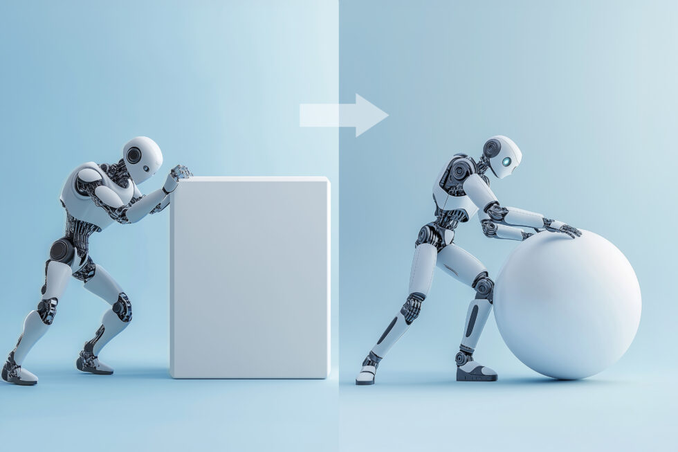 Also Metapher für Prozessverschlankung wird ein Roboter, der mühevoll einen Klotz schiebt, neben einem zweiten Roboter, der simpel einen Ball rollt, gezeigt.