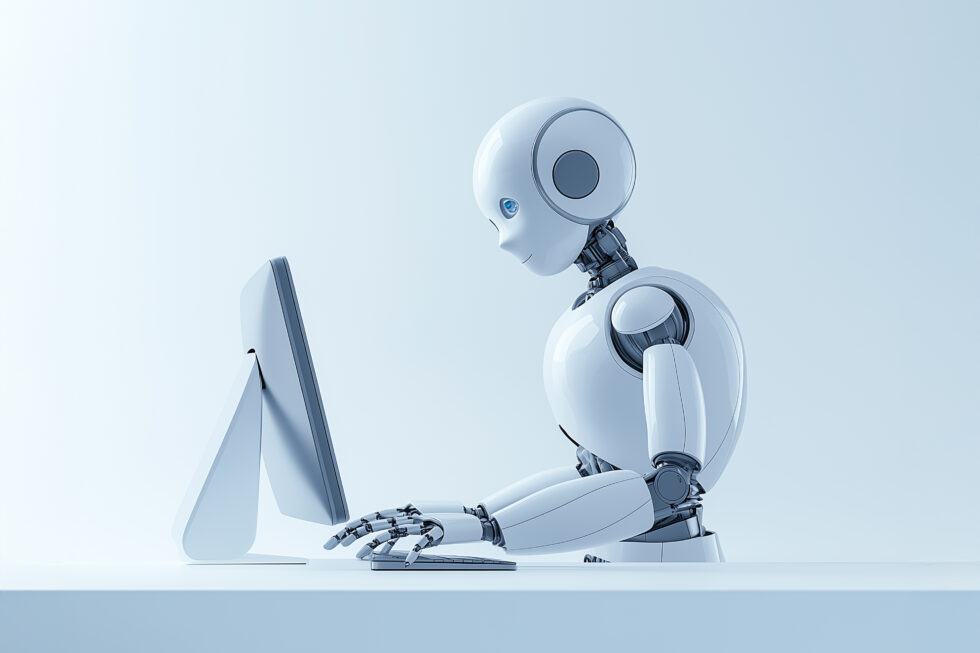 Bild zum Thema Content mit KI erstellen lassen zeigt metaphorisch, wie ein Roboter an einem PC arbeitet