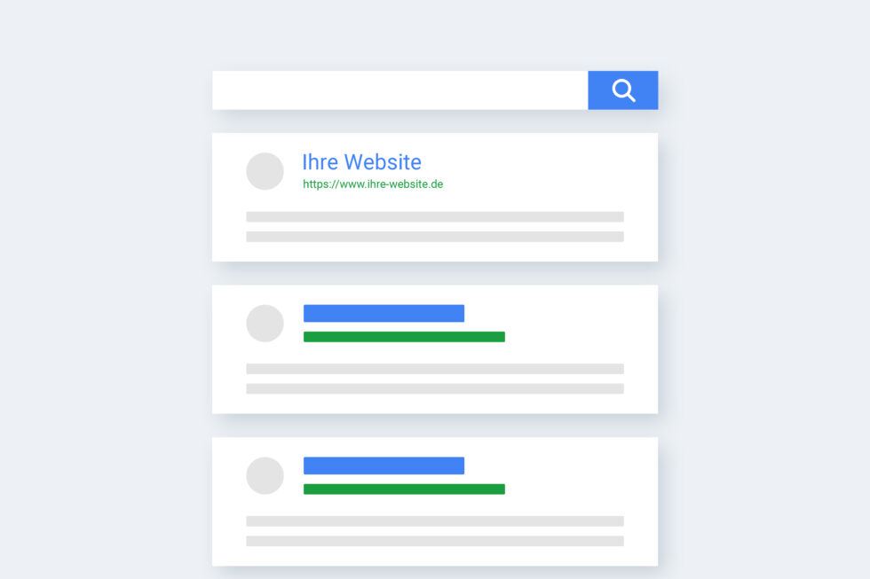 Illustration einer Suchergebnisseite zeigt, wie Ihre Website in Suchmaschinen als Nebeneffekt unserer Content-Beratung an erster Stelle rankt