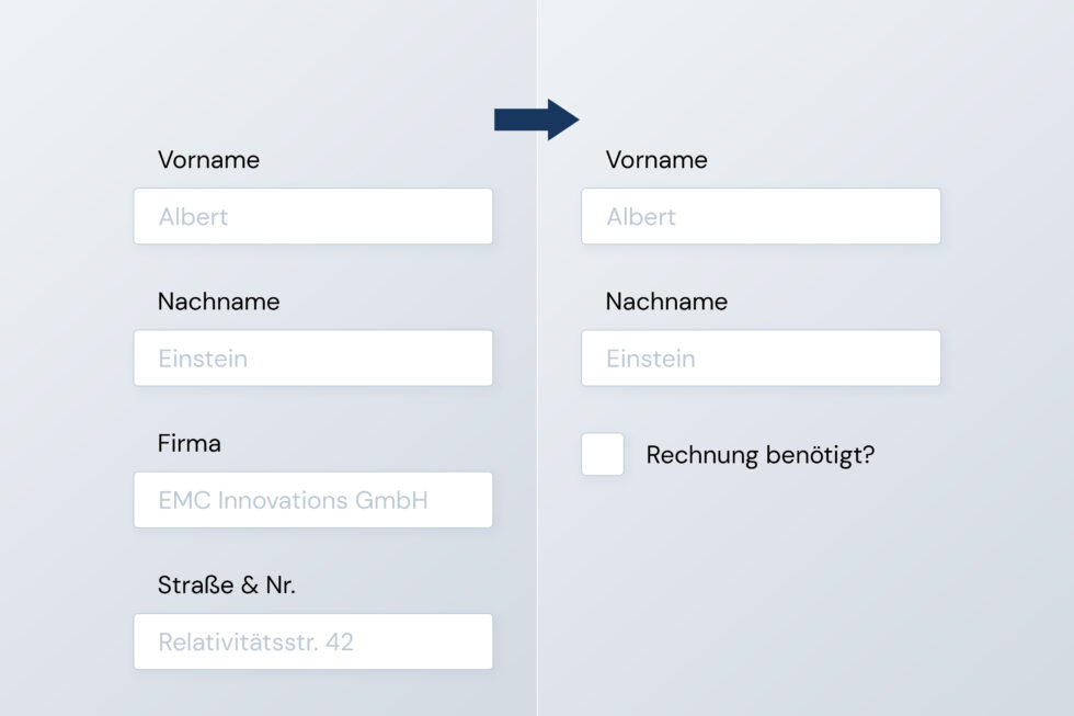 Als Metapher für das Motto unserer UX-Experten "Weniger ist mehr" werden 2 beispielhafte Formulare gegenübergestellt, wobei das rechte für die meisten Nutzer mit deutlich weniger Eingabefeldern zurechtkommt