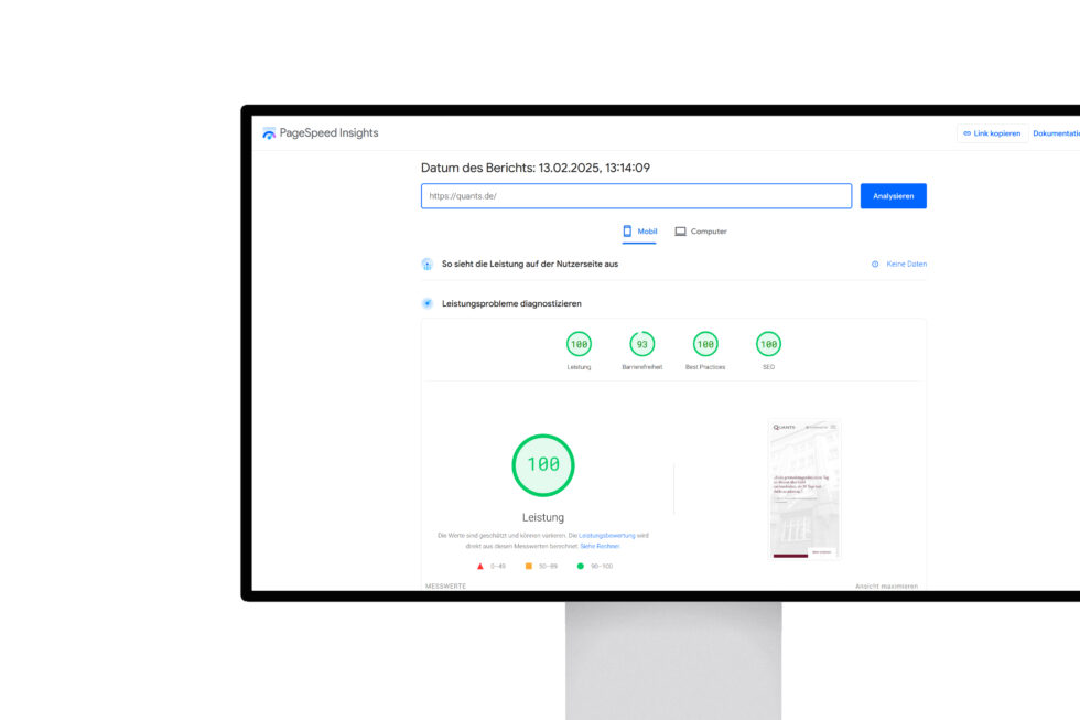 Die Google-PageSpeed-Scores der von unseren WordPress-Experten Berlin erstellten Referenz quants.de zeigen 100 Punkte für den mobilen Performance-Score