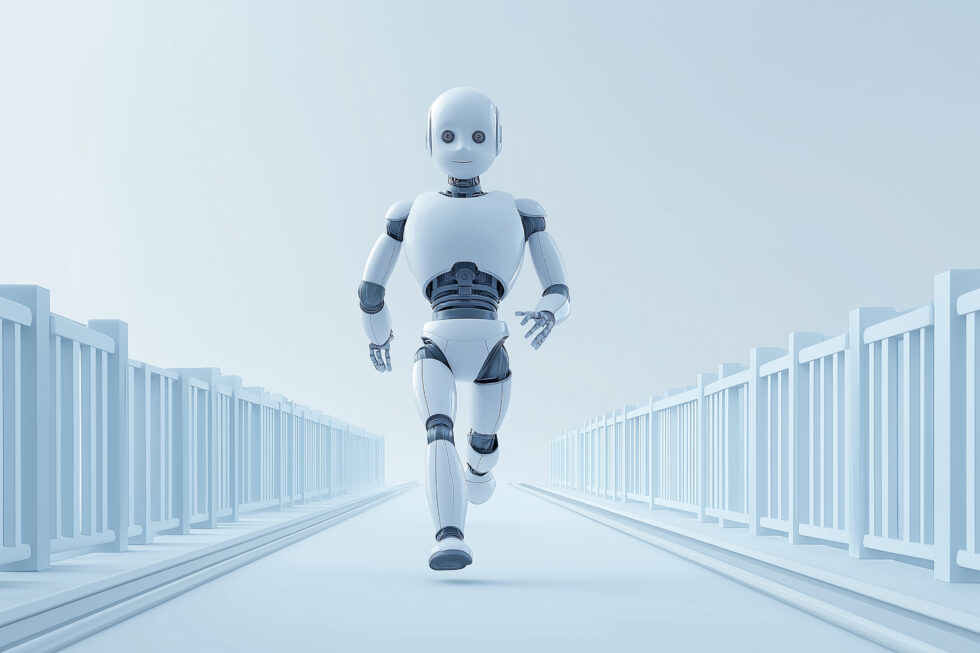 Als kompetente AI-Beratung aus Berlin legen wir Wert darauf, dass KI ordnungsgemäß funktioniert und implementieren Kontrollmechanismen - dies wird auf diesem Bild durch einen Roboter, der sich nur in vorgegebenen Leitlinien bewegen kann, metaphorisch dargestellt